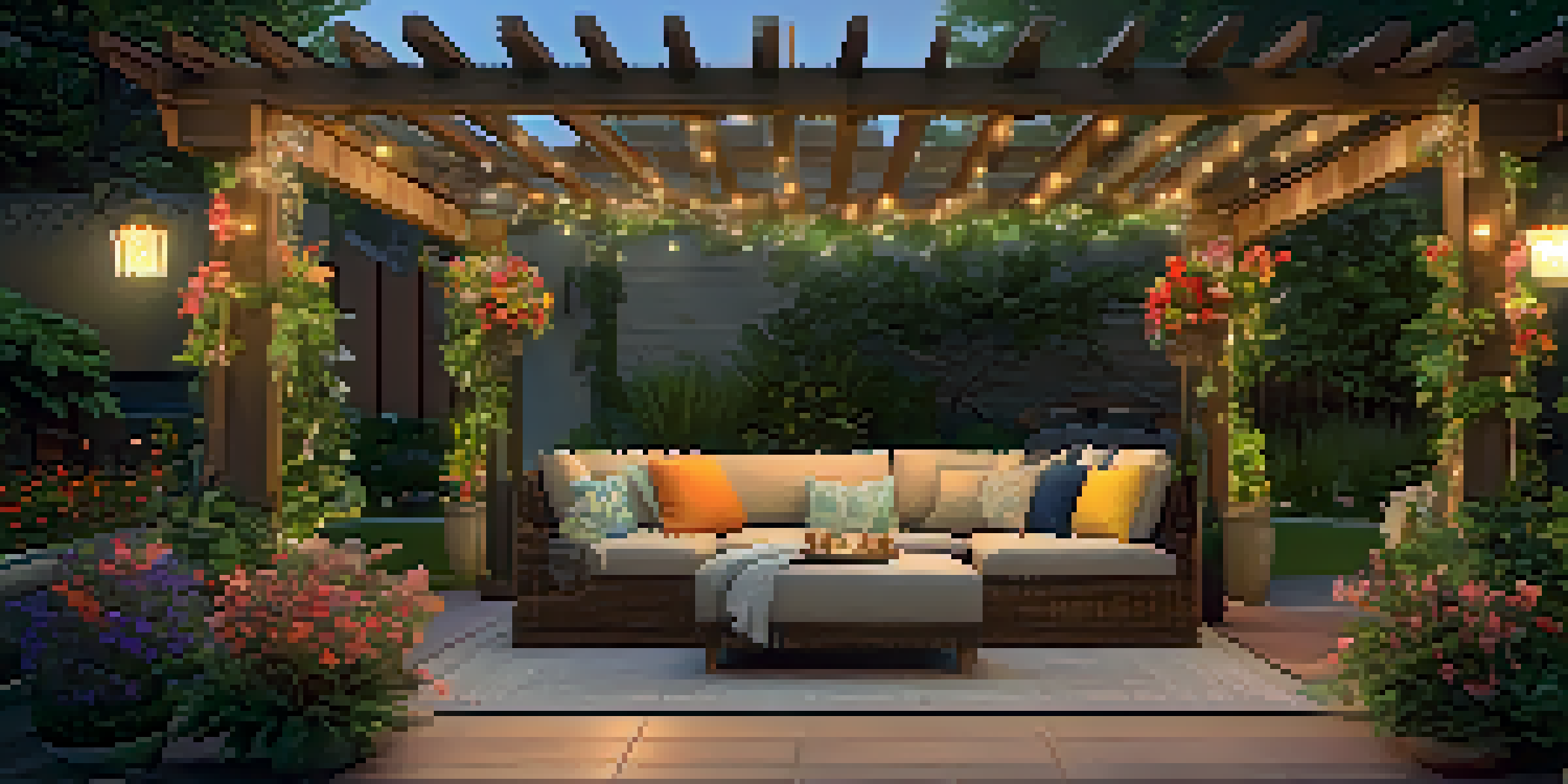 A tranquil patio with cozy seating, surrounded by greenery and illuminated with fairy lights.