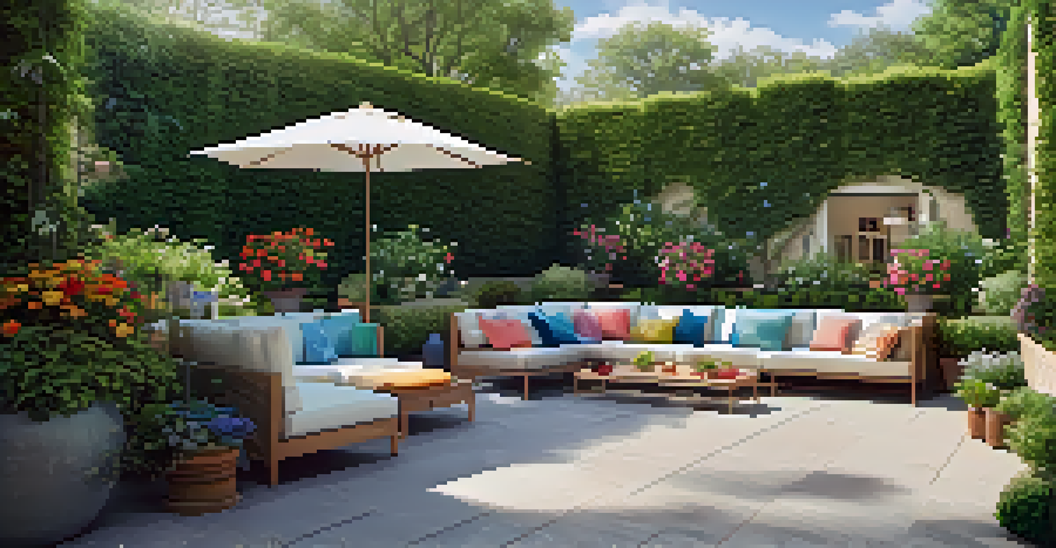 A beautiful garden with colorful flowers and a tidy patio area under a clear blue sky.