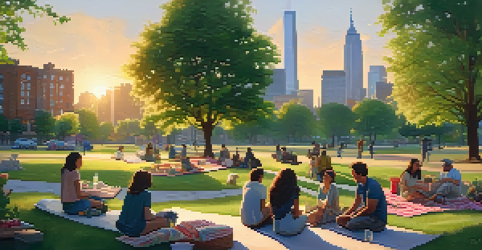 A vibrant urban park filled with greenery and diverse people enjoying a picnic during sunset, with a city skyline in the background.
