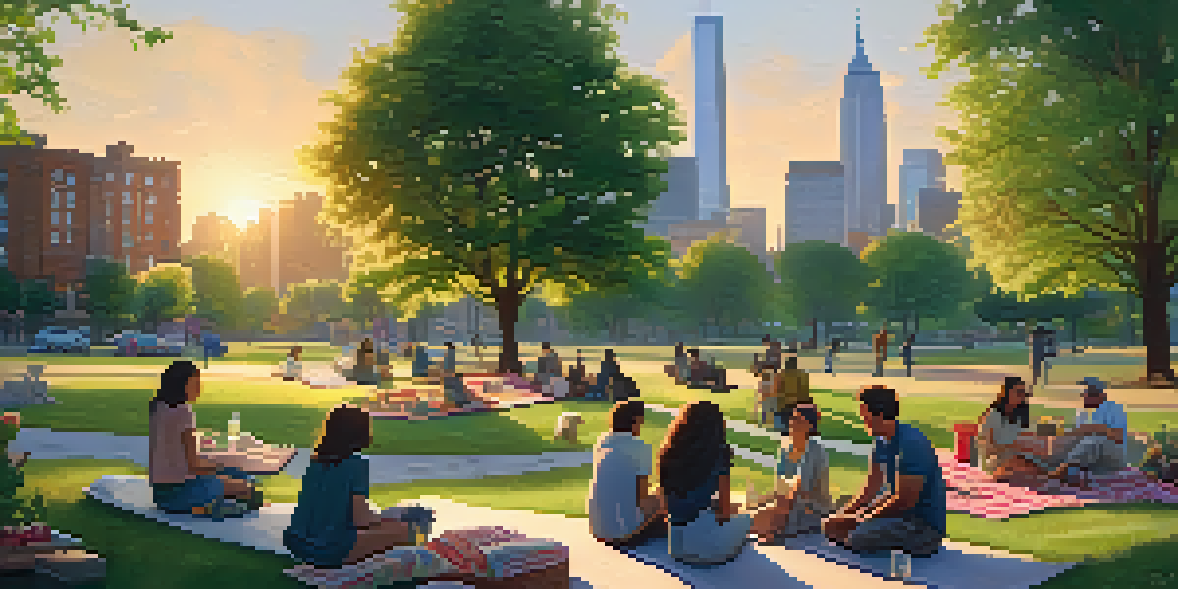 A vibrant urban park filled with greenery and diverse people enjoying a picnic during sunset, with a city skyline in the background.
