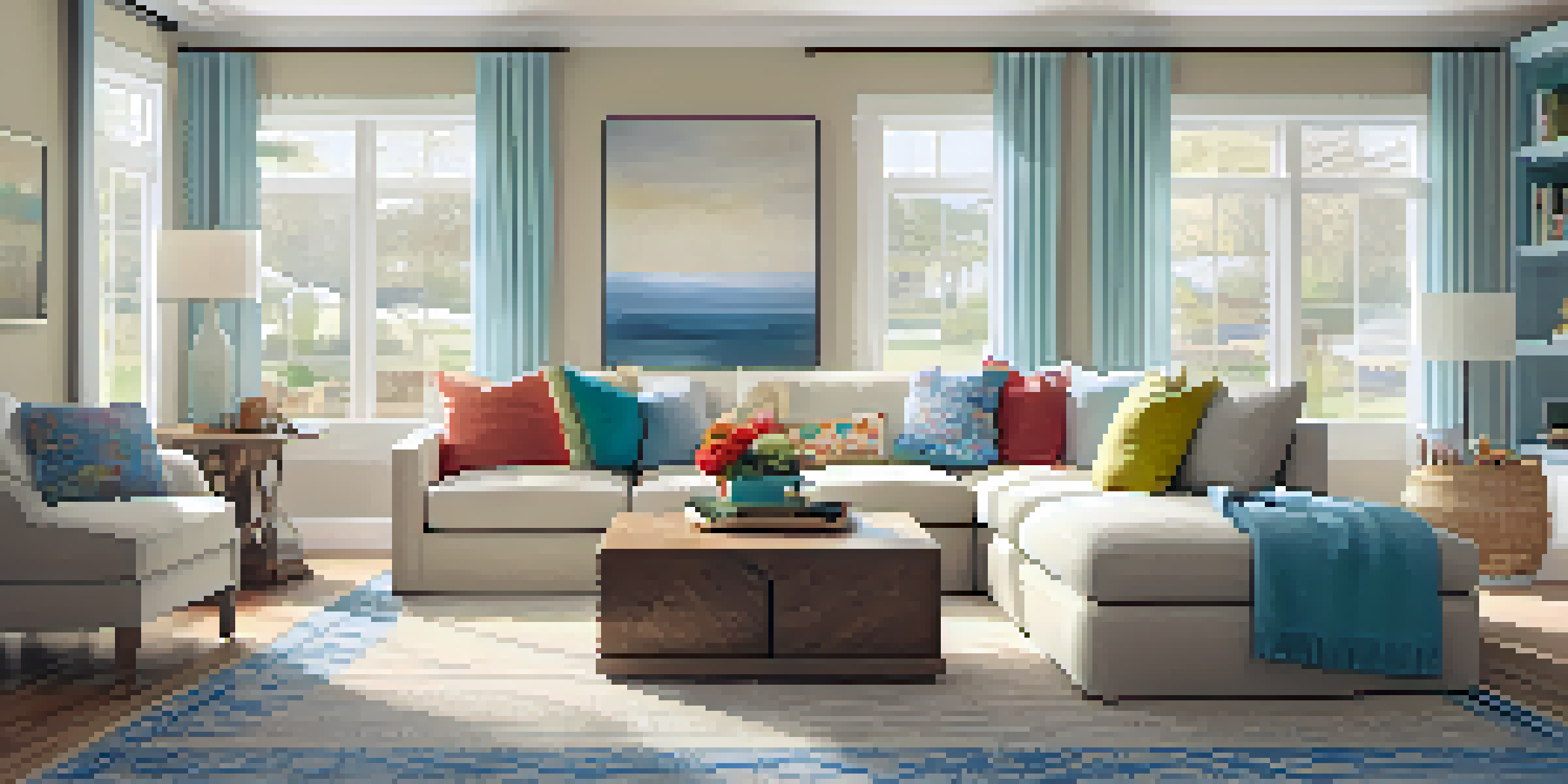 A warm and inviting family room with a U-shaped sofa, colorful pillows, and personal decorations.