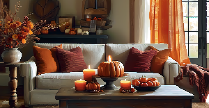 A cozy living room decorated for autumn with warm colored throw blankets, pumpkins, and candles on a wooden table.