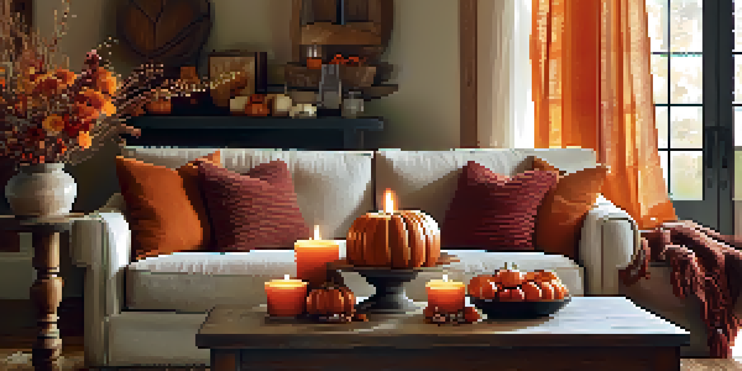 A cozy living room decorated for autumn with warm colored throw blankets, pumpkins, and candles on a wooden table.