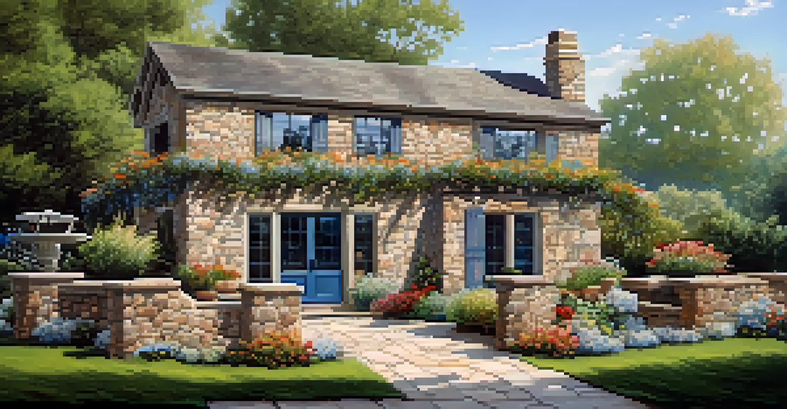 A picturesque house made of local stone with a stone patio, surrounded by native plants and flowers under a clear blue sky.