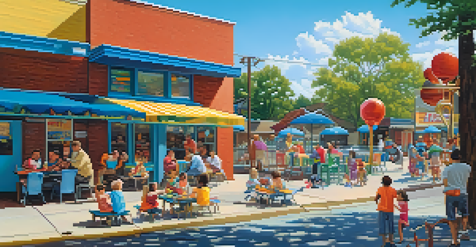 A vibrant urban neighborhood with families and children at a playground or restaurant, under a clear blue sky.