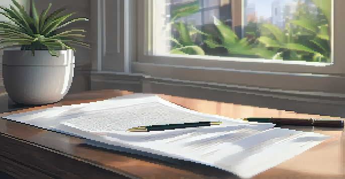 A close-up of a real estate contract on a wooden desk with a pen and a potted plant in the background.