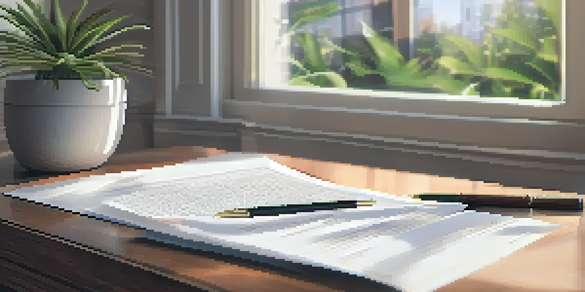 A close-up of a real estate contract on a wooden desk with a pen and a potted plant in the background.