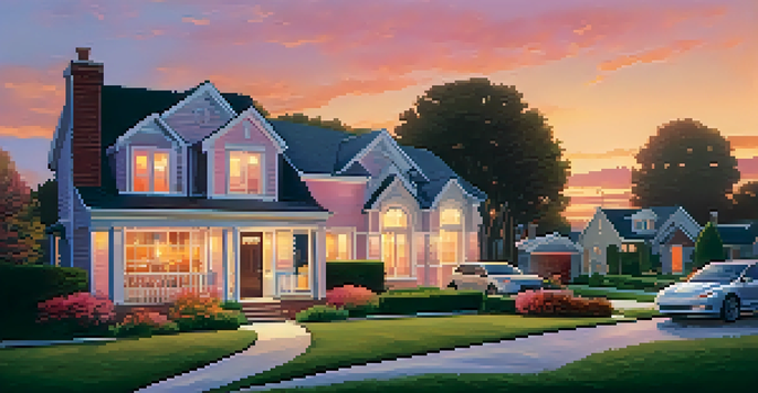 A couple discussing home buying with a real estate agent in a suburban neighborhood at sunset.