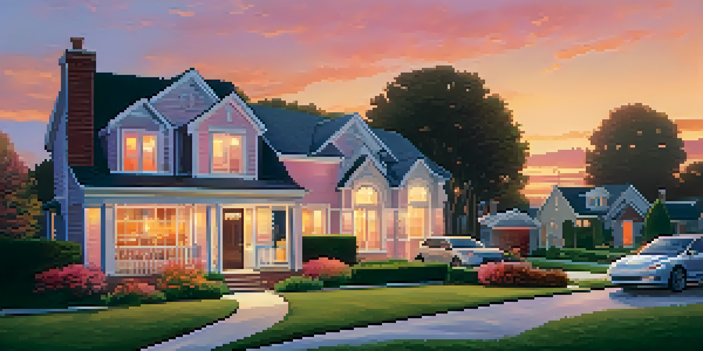 A couple discussing home buying with a real estate agent in a suburban neighborhood at sunset.