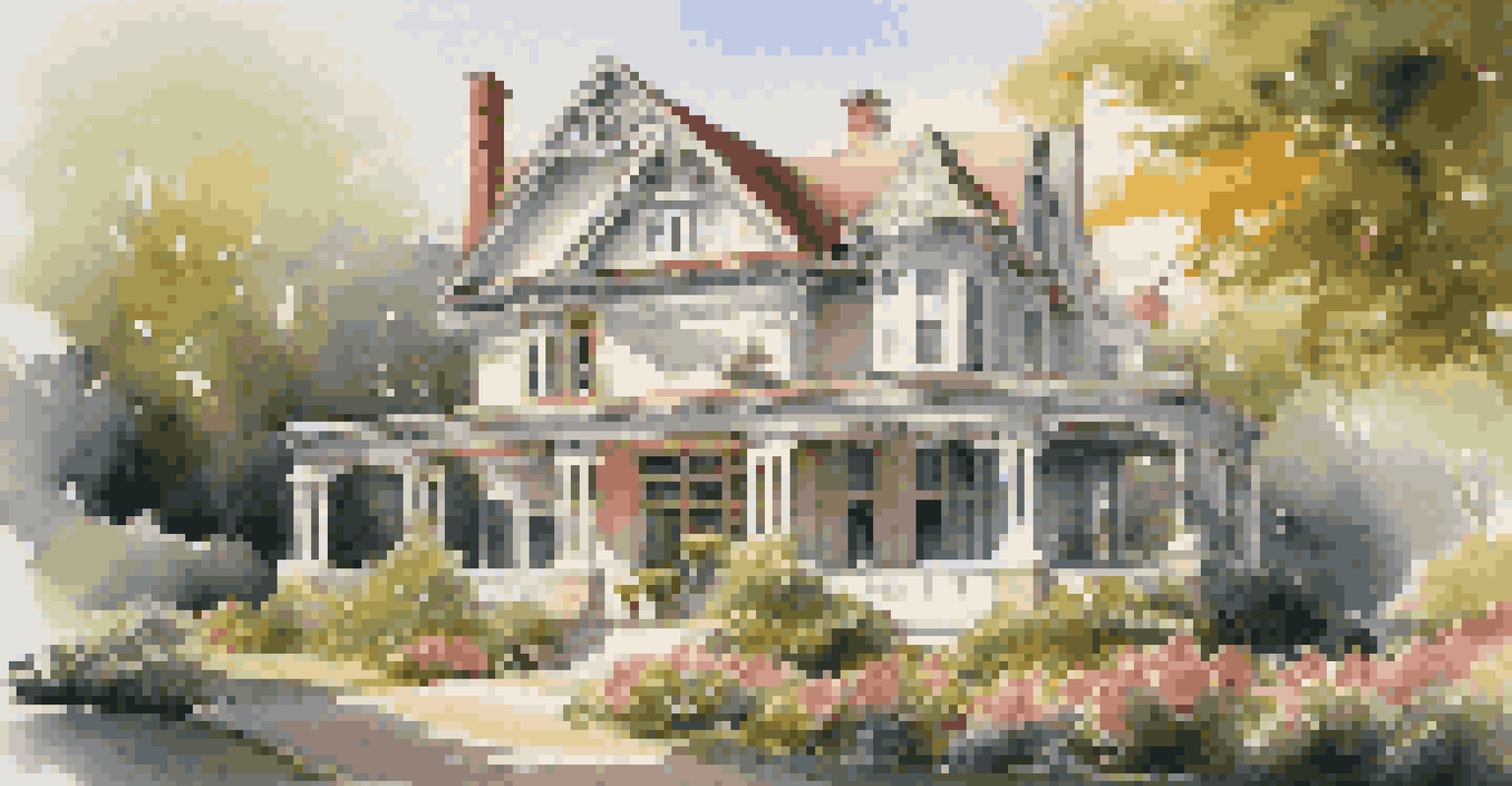 A charming historic home with intricate woodwork, a wrap-around porch, and vibrant gardens, bathed in warm sunlight.