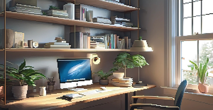 A warm and inviting home office with a wooden desk, laptop, potted plant, and coffee cup, bathed in natural light.