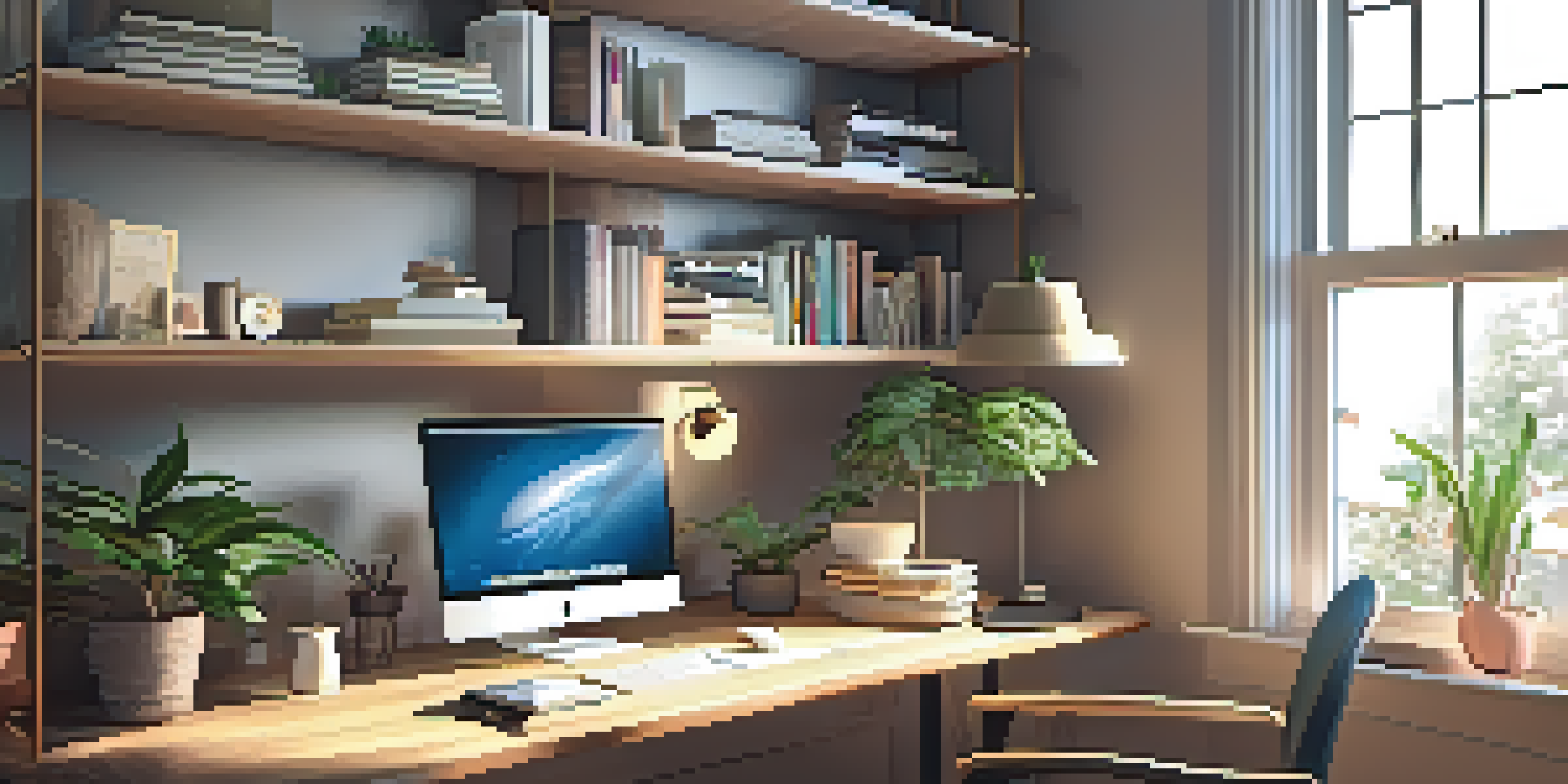 A warm and inviting home office with a wooden desk, laptop, potted plant, and coffee cup, bathed in natural light.