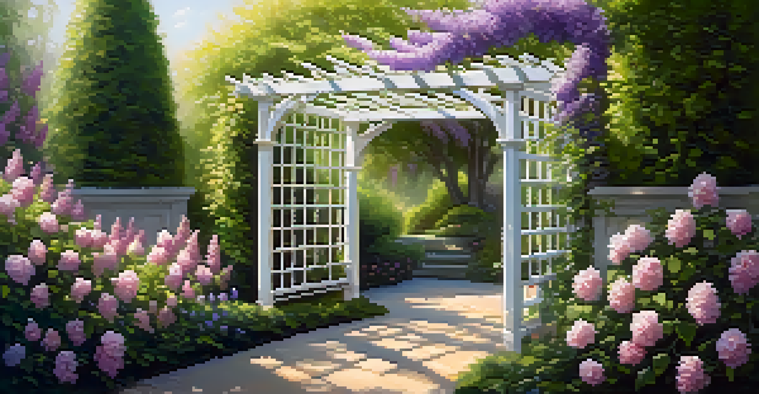 A white garden arbor surrounded by blooming wisteria and roses, with sunlight shining through the flowers.