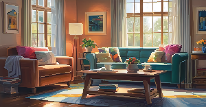 A cozy living room with a warm glow from ambient lighting, featuring a plush sofa and a wooden coffee table with a steaming mug of tea.