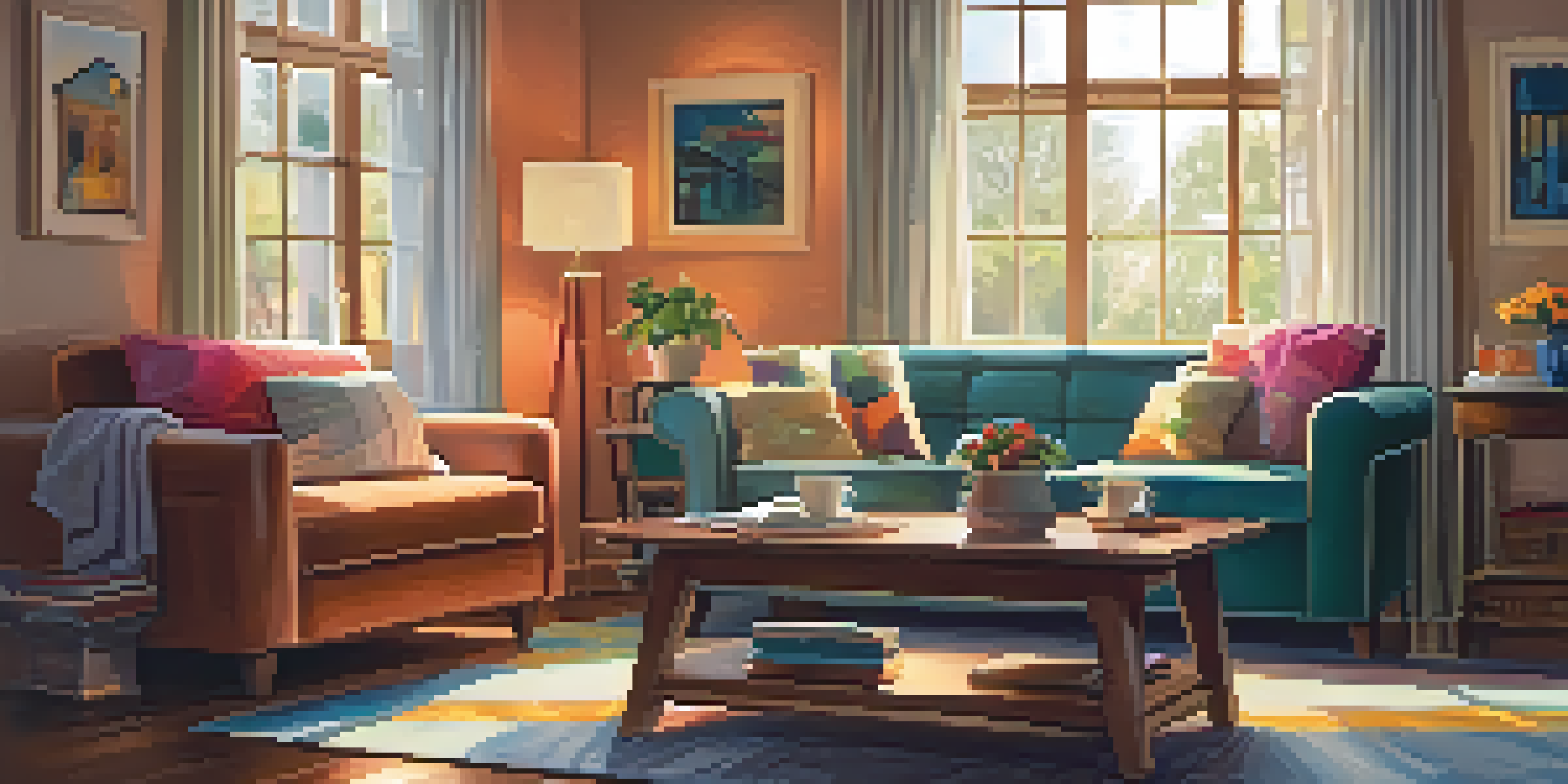 A cozy living room with a warm glow from ambient lighting, featuring a plush sofa and a wooden coffee table with a steaming mug of tea.