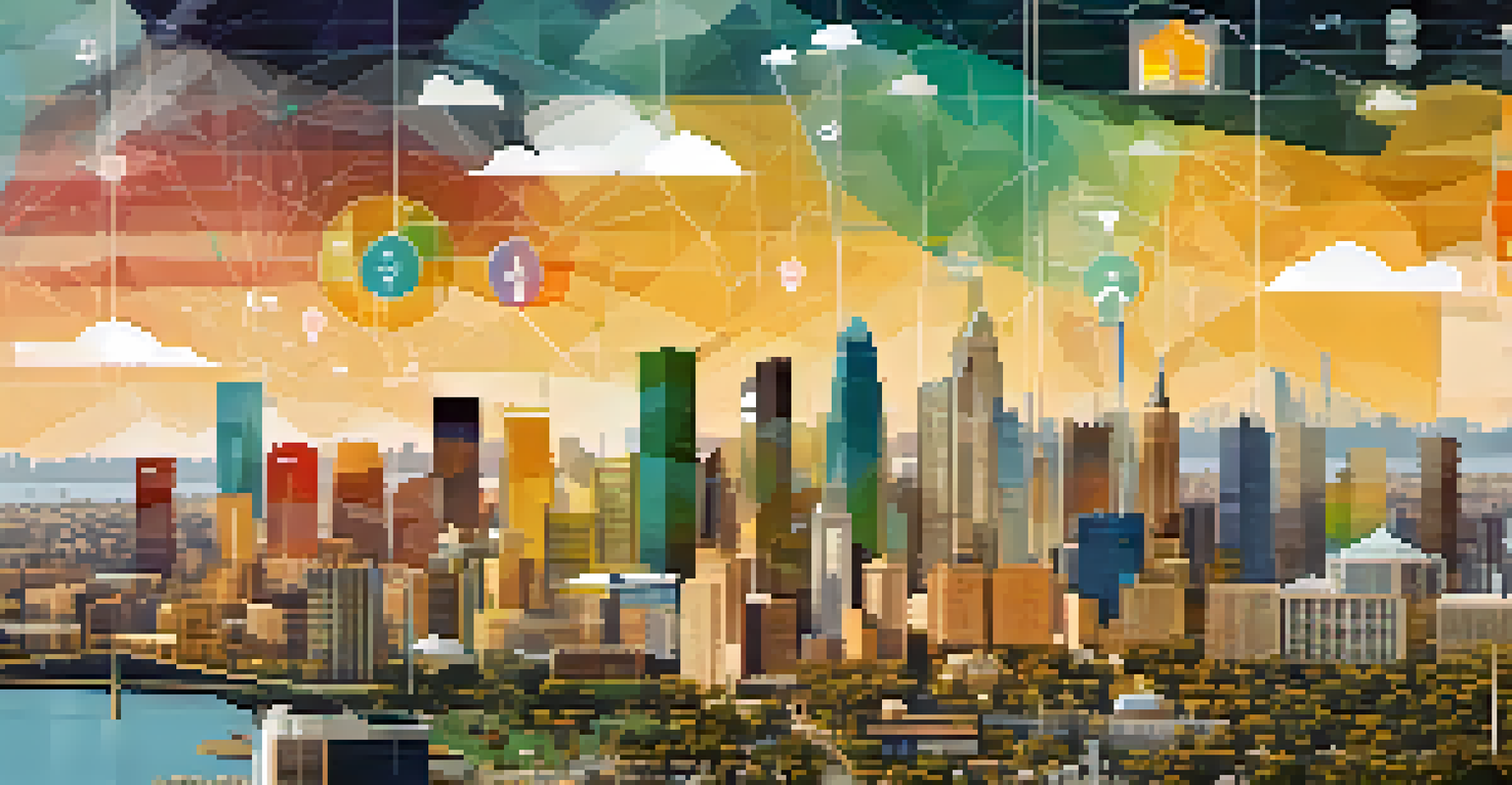 Infographic representation of location analytics in real estate, showcasing a map with layered data points and a modern city skyline.