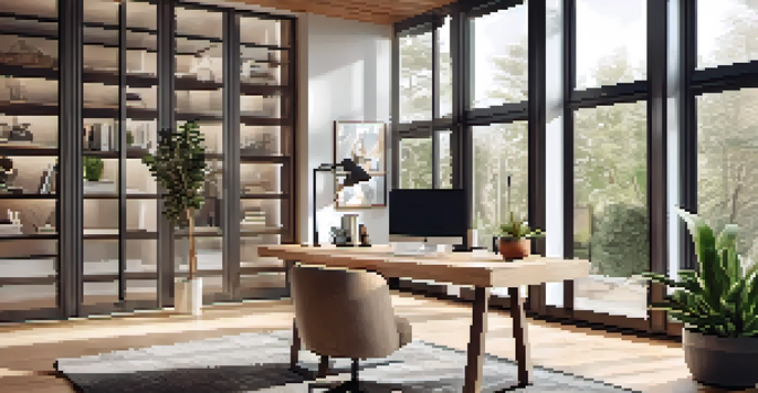 A stylish home office with a desk, laptop, and plants, bathed in natural light.