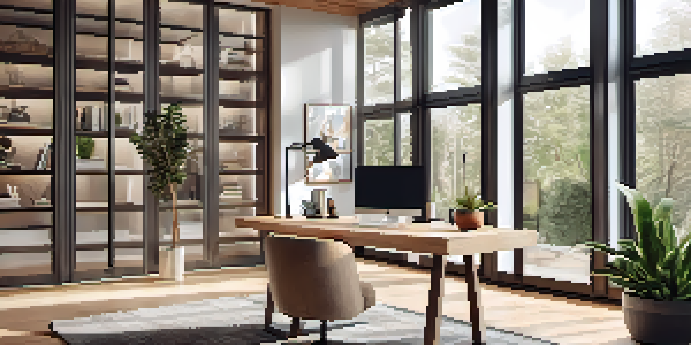A stylish home office with a desk, laptop, and plants, bathed in natural light.
