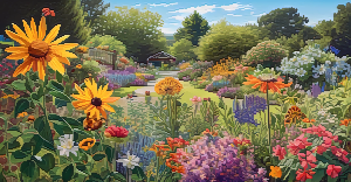 A colorful garden filled with various native plants, attracting pollinators like bees and butterflies under a bright blue sky.