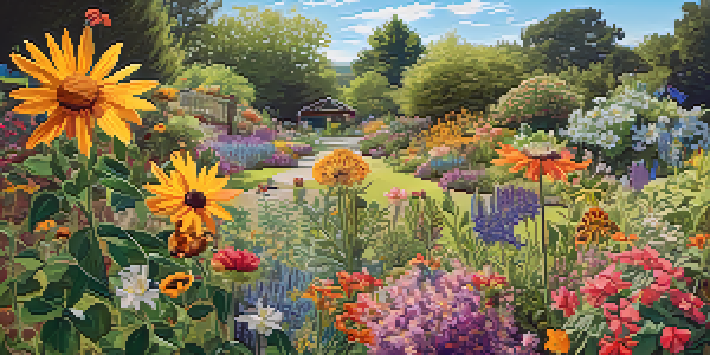 A colorful garden filled with various native plants, attracting pollinators like bees and butterflies under a bright blue sky.