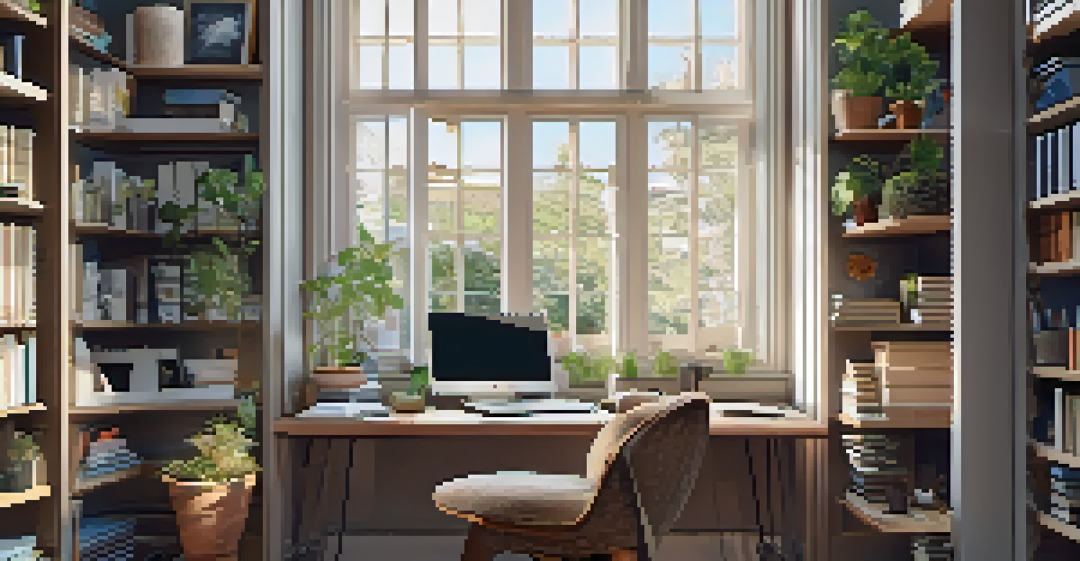 A cozy home office with a desk, chair, garden view, and shelves of books, ideal for a virtual tour setup.