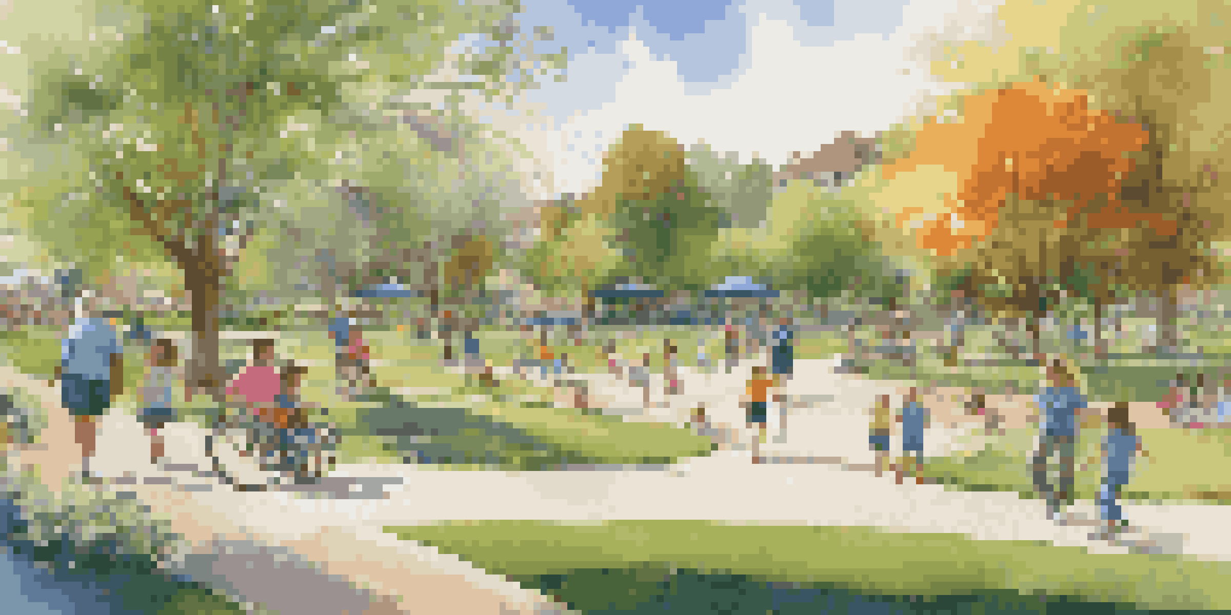 A lively community park with families, children playing on a playground, and adults jogging along a trail, surrounded by greenery and flowers.