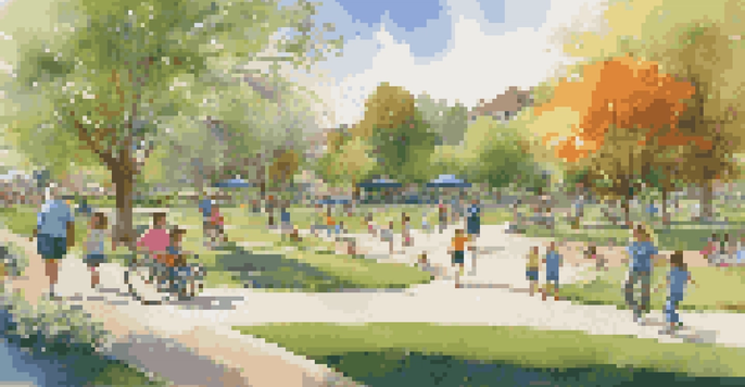 A lively community park with families, children playing on a playground, and adults jogging along a trail, surrounded by greenery and flowers.