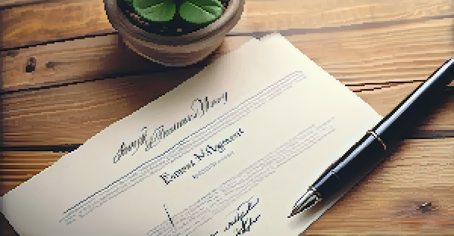A signed earnest money agreement document with a fountain pen and a small potted plant.