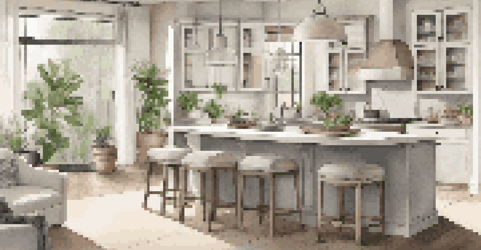 An open kitchen and living area with gray and beige tones, featuring a kitchen island, bar stools, and a cozy sofa, illuminated by sunlight through large windows.