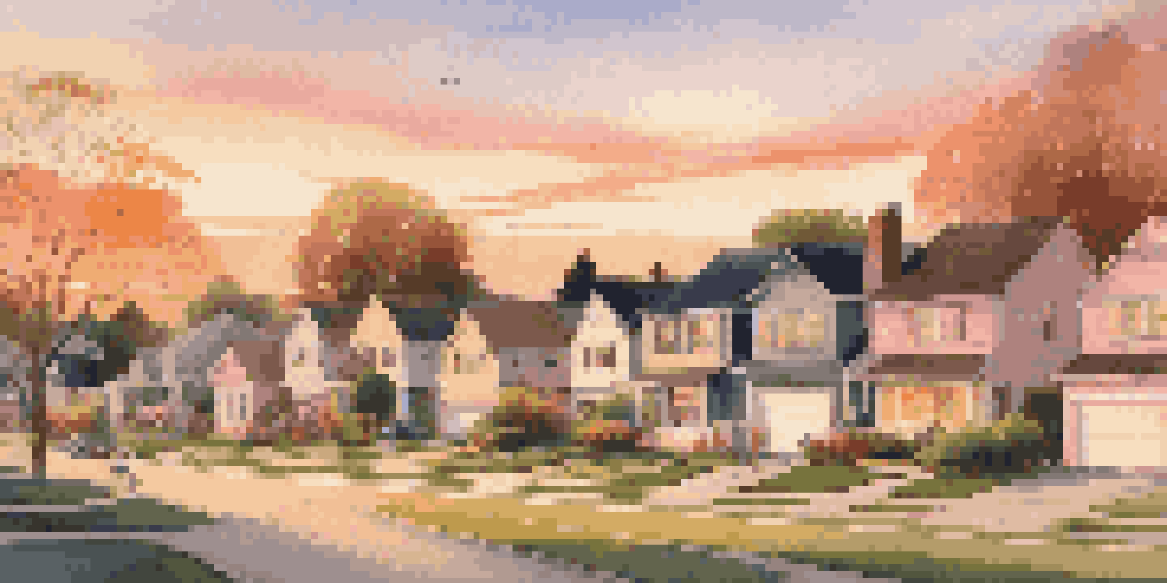 A family discussing their dream home in a suburban neighborhood during sunset, with houses and a warm sky in the background.