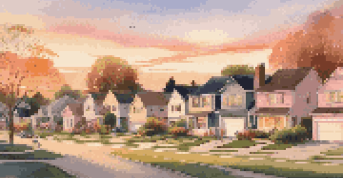 A family discussing their dream home in a suburban neighborhood during sunset, with houses and a warm sky in the background.