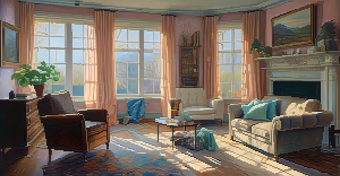 A cozy living room in the midst of renovation, with a partially demolished wall and tools scattered around, featuring a mix of old and new furniture and natural light coming through large windows.