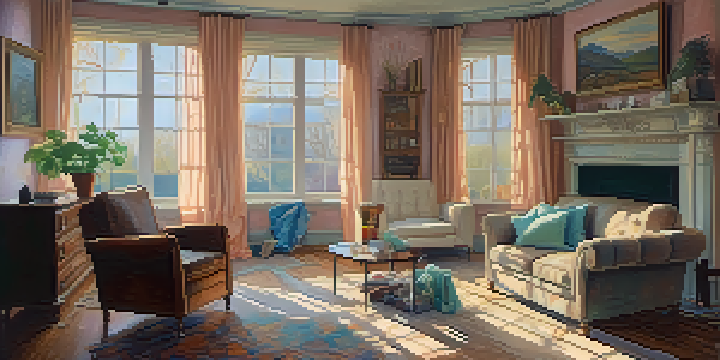 A cozy living room in the midst of renovation, with a partially demolished wall and tools scattered around, featuring a mix of old and new furniture and natural light coming through large windows.