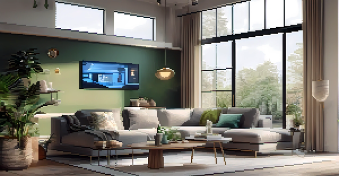 A modern living room showcasing smart home devices like dimmable lights and a smart thermostat, with a cozy atmosphere created by natural light and stylish furniture.