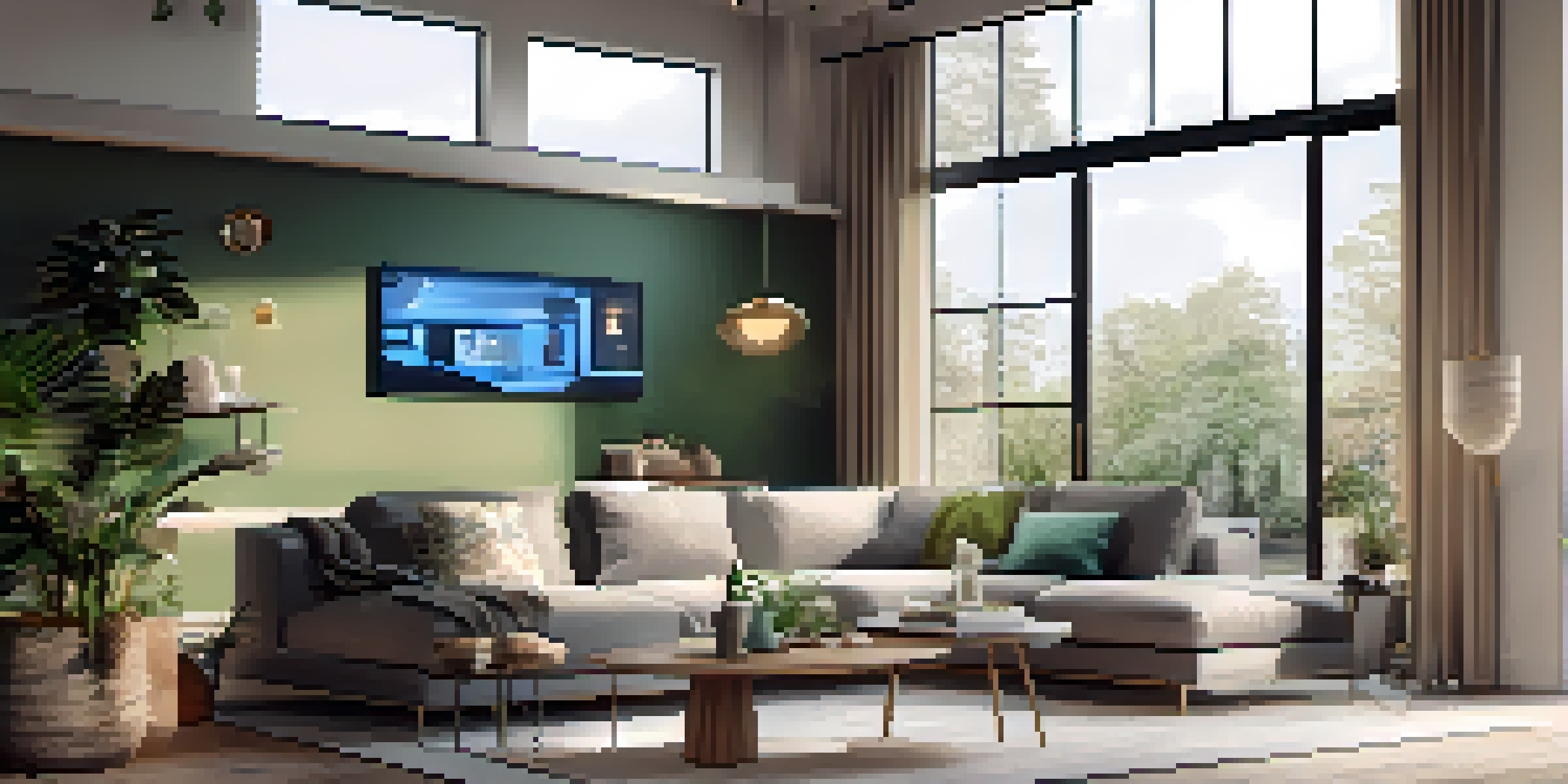 A modern living room showcasing smart home devices like dimmable lights and a smart thermostat, with a cozy atmosphere created by natural light and stylish furniture.