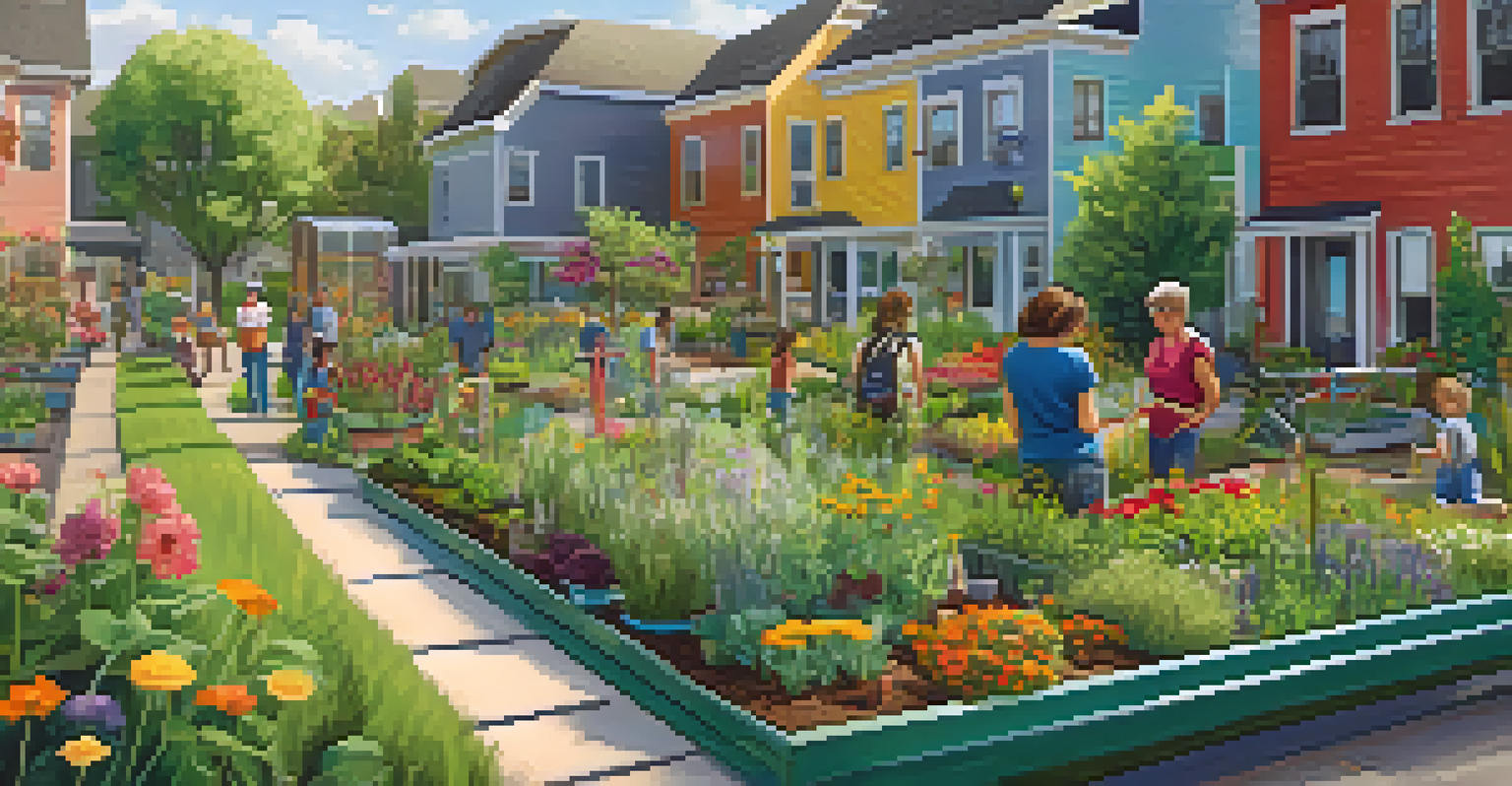 A community garden in a sustainable neighborhood with neighbors interacting and children playing, surrounded by eco-friendly homes.