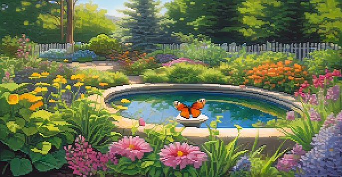 A beautiful garden with blooming native plants, a birdbath, and butterflies under warm sunlight.