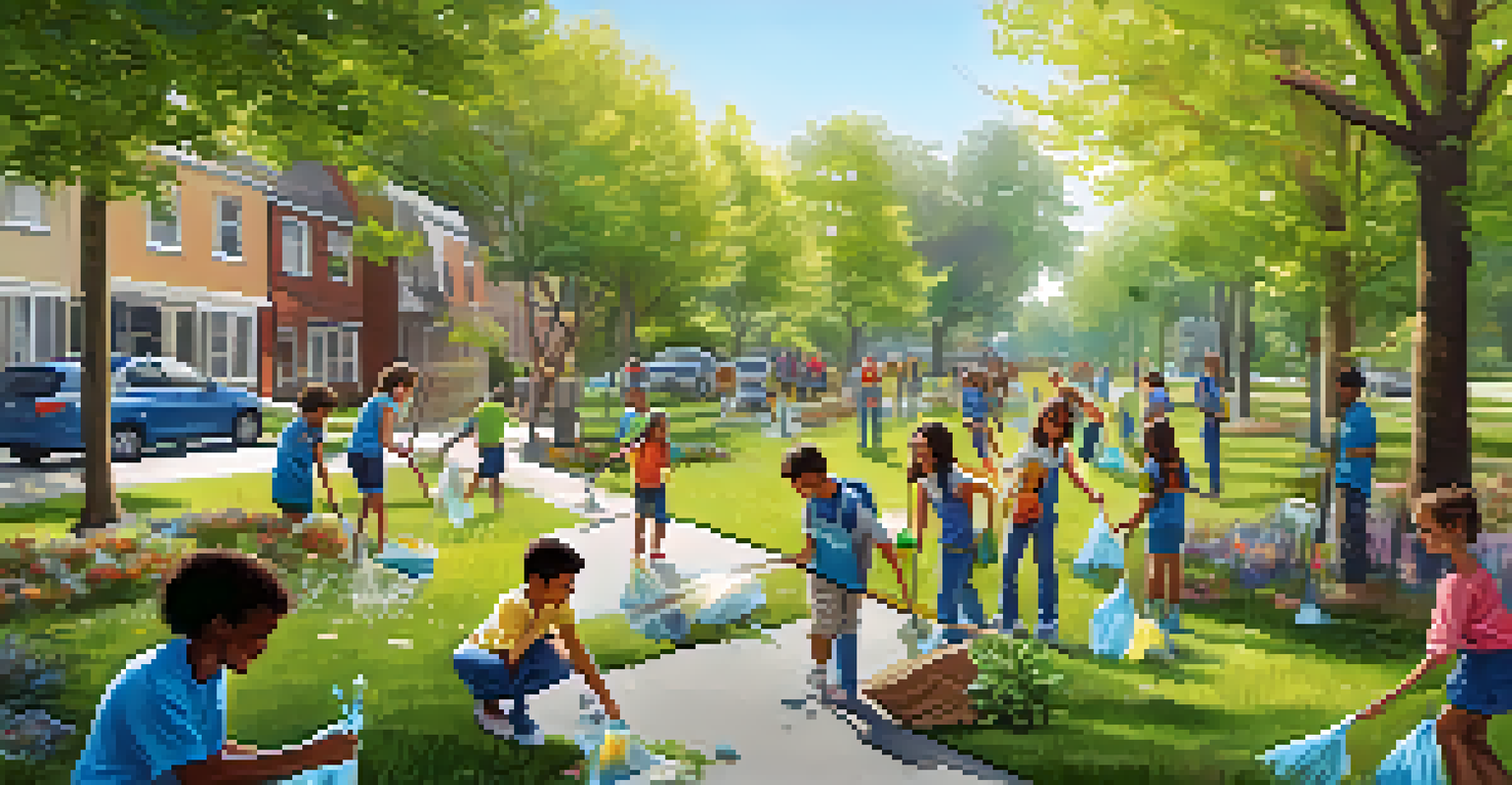 Youth participating in a clean-up event in a park, picking up litter and planting flowers, with bright banners promoting energy efficiency.