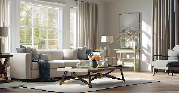 A cozy living room with a neutral color palette, featuring a wooden coffee table with tulips and a classic mantel clock, illuminated by natural light.