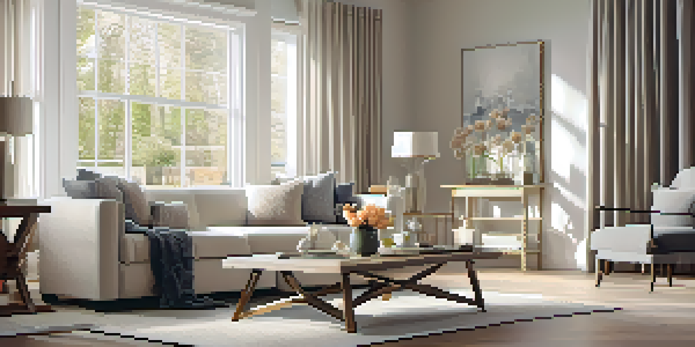 A cozy living room with a neutral color palette, featuring a wooden coffee table with tulips and a classic mantel clock, illuminated by natural light.
