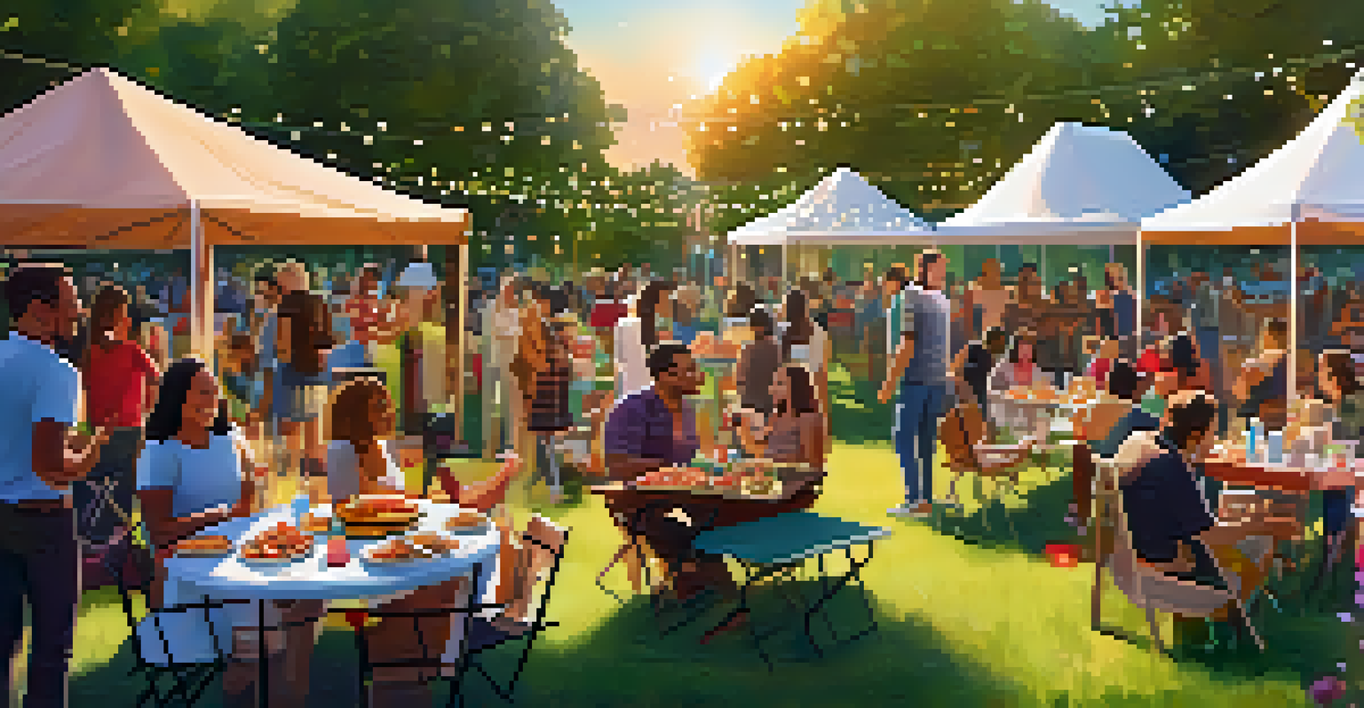 A lively community barbecue with diverse tenants enjoying food and socializing under string lights at sunset.