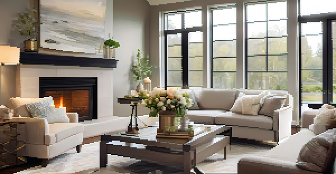 A bright and inviting living room with a cozy fireplace, neutral decor, and fresh flowers on a coffee table.