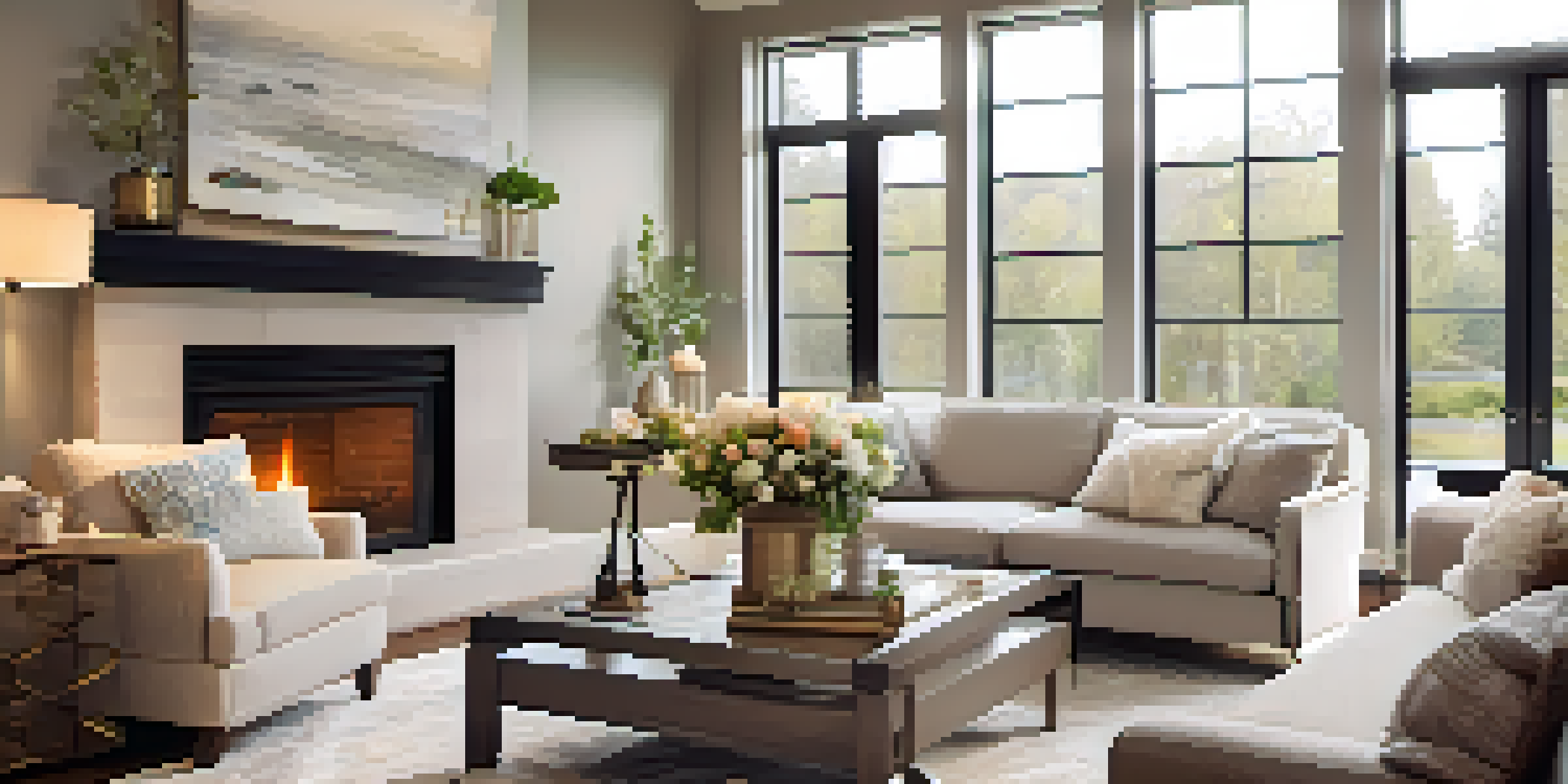 A bright and inviting living room with a cozy fireplace, neutral decor, and fresh flowers on a coffee table.