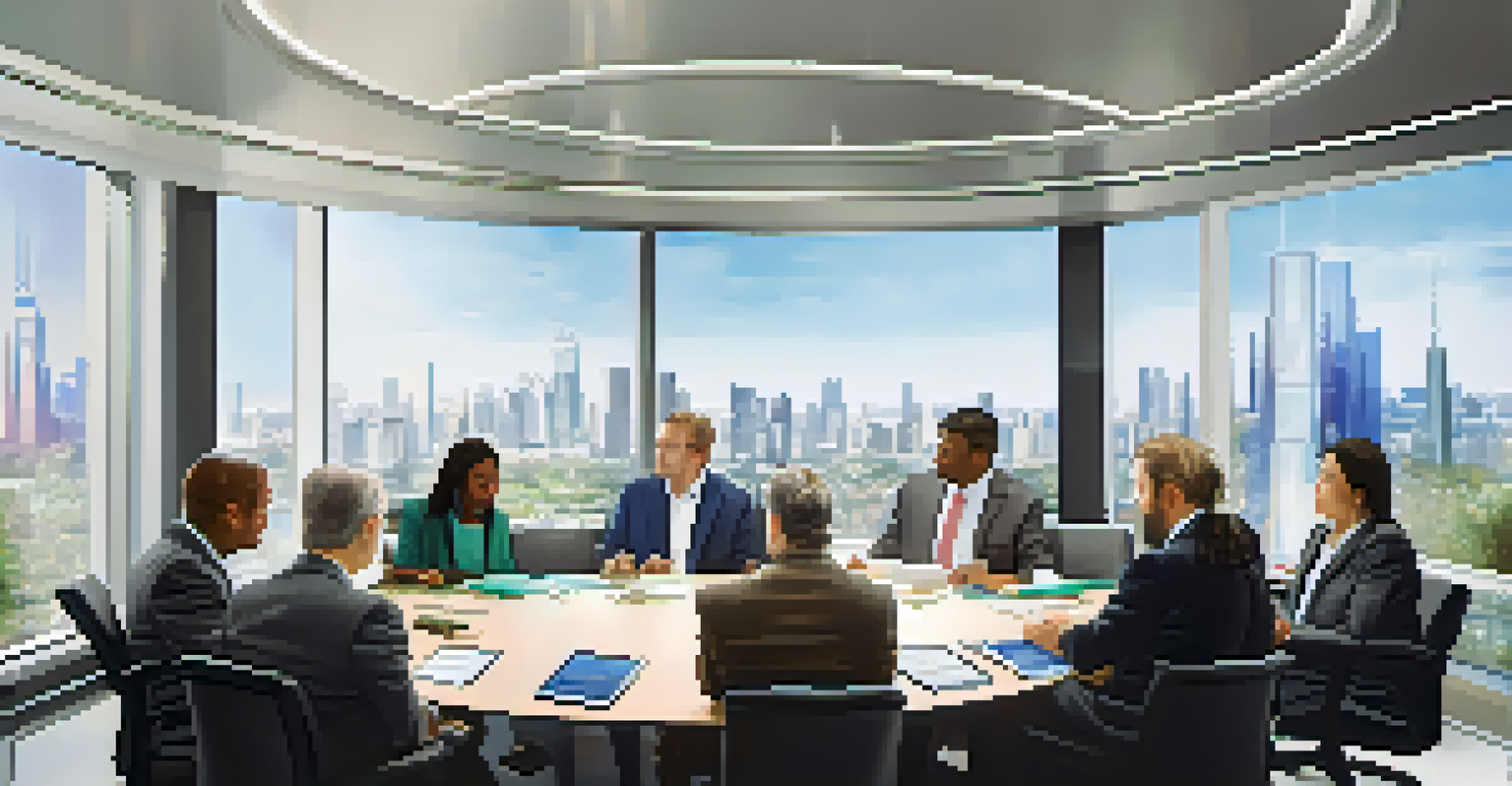 A diverse group of investors discussing strategies in a bright conference room with charts on a screen and a city view outside.