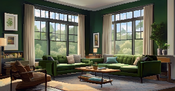 A modern living room with warm lighting, a couch, coffee table, and large windows overlooking a green park.
