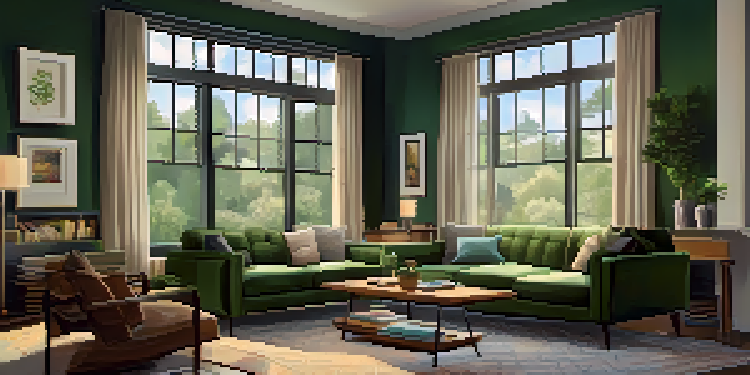 A modern living room with warm lighting, a couch, coffee table, and large windows overlooking a green park.