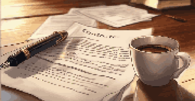 A close-up of a contract document with a governing law clause, a fountain pen, and a cup of coffee on a wooden desk.