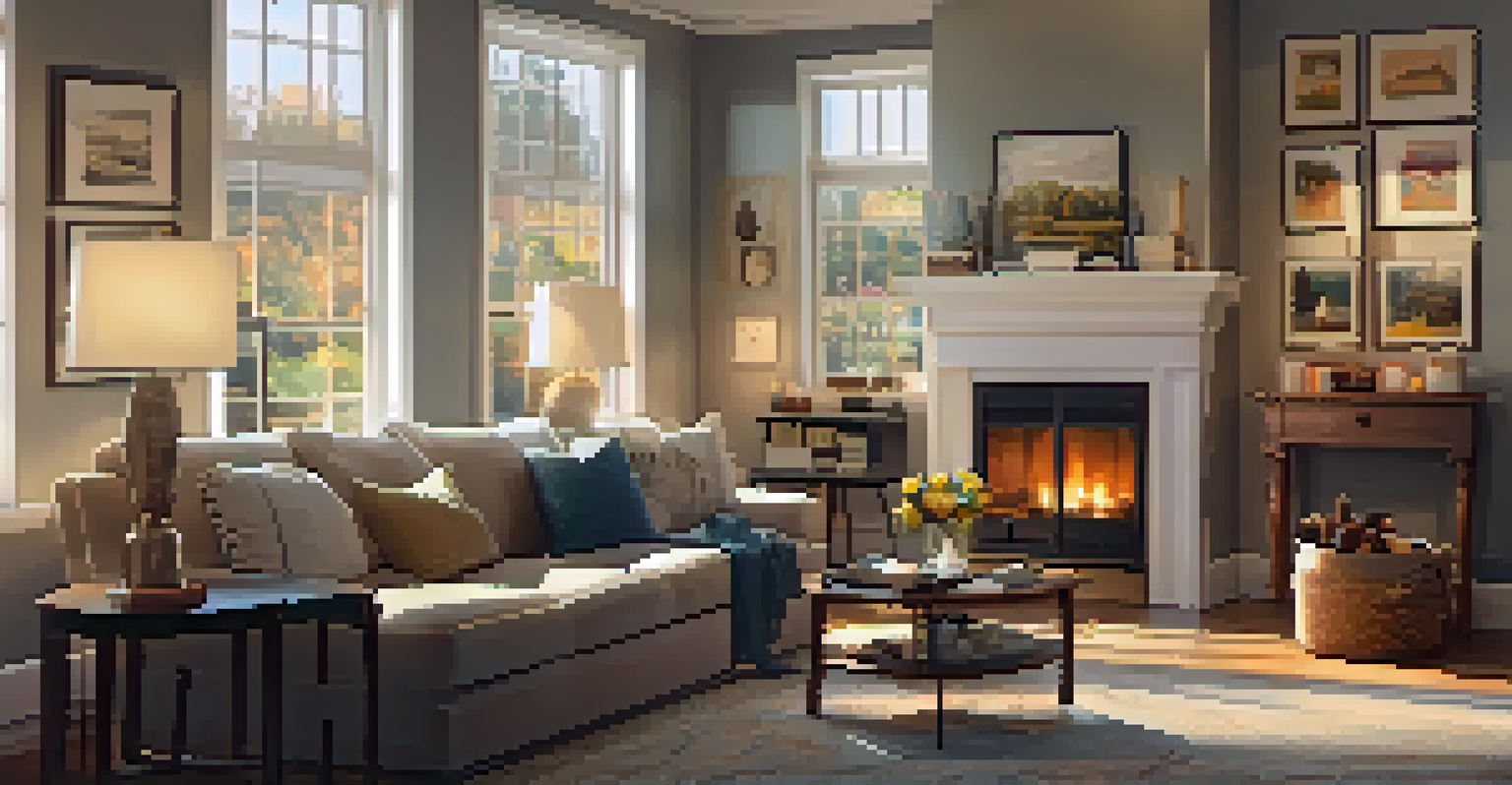 A cozy living room featuring a comfortable couch, a coffee table with books, and a fireplace, illuminated by warm lighting.