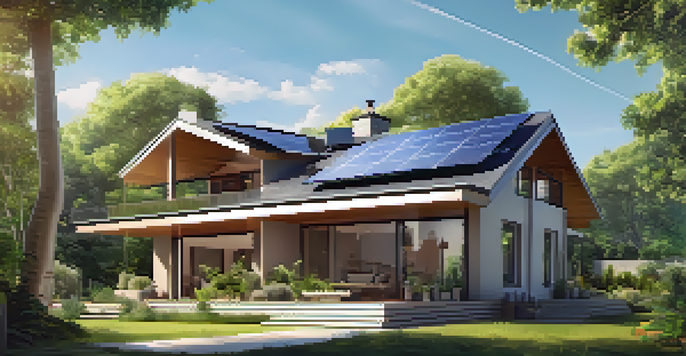 A modern energy-efficient home in a green landscape with solar panels and a vibrant garden under a clear blue sky.