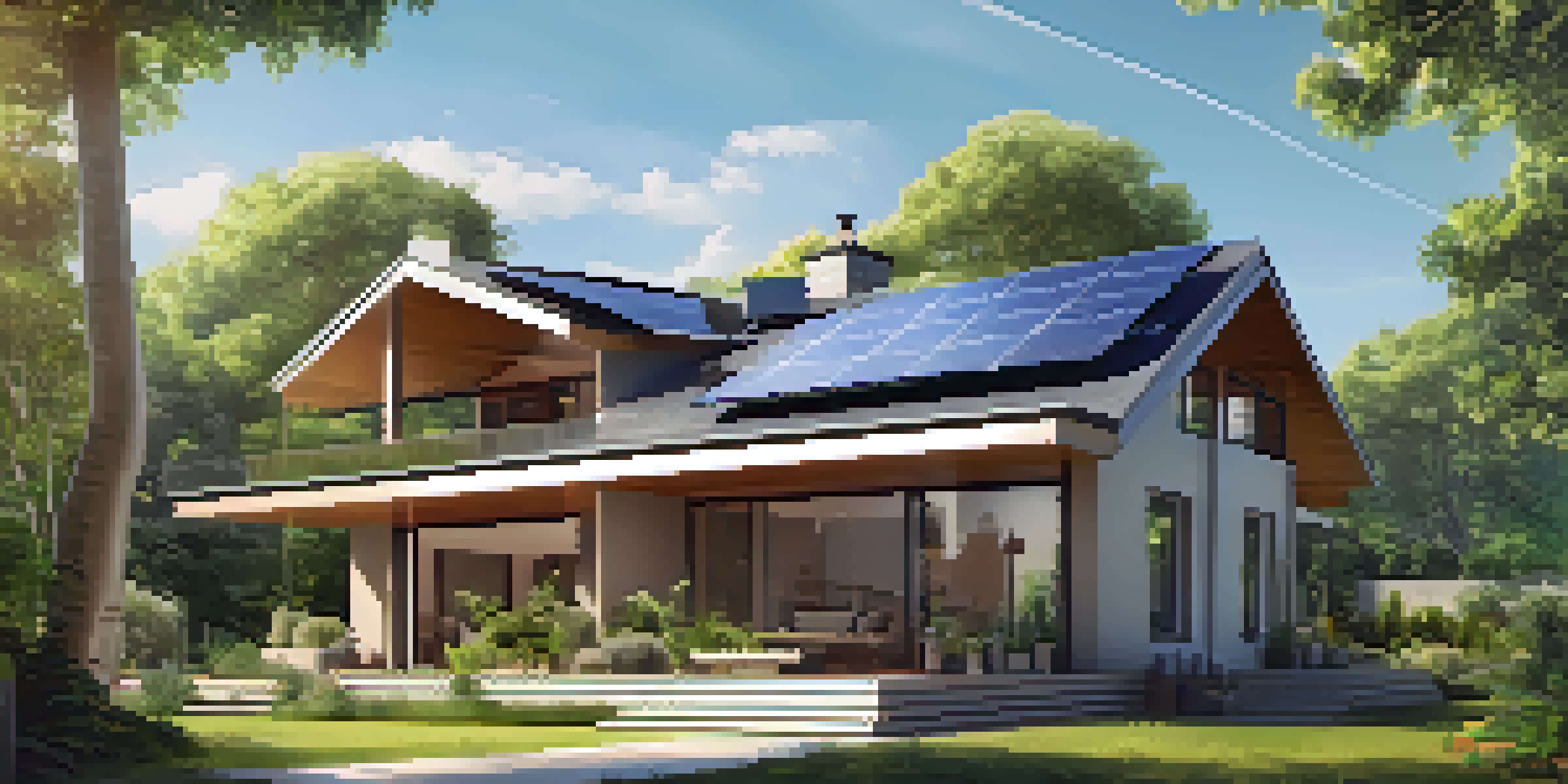 A modern energy-efficient home in a green landscape with solar panels and a vibrant garden under a clear blue sky.